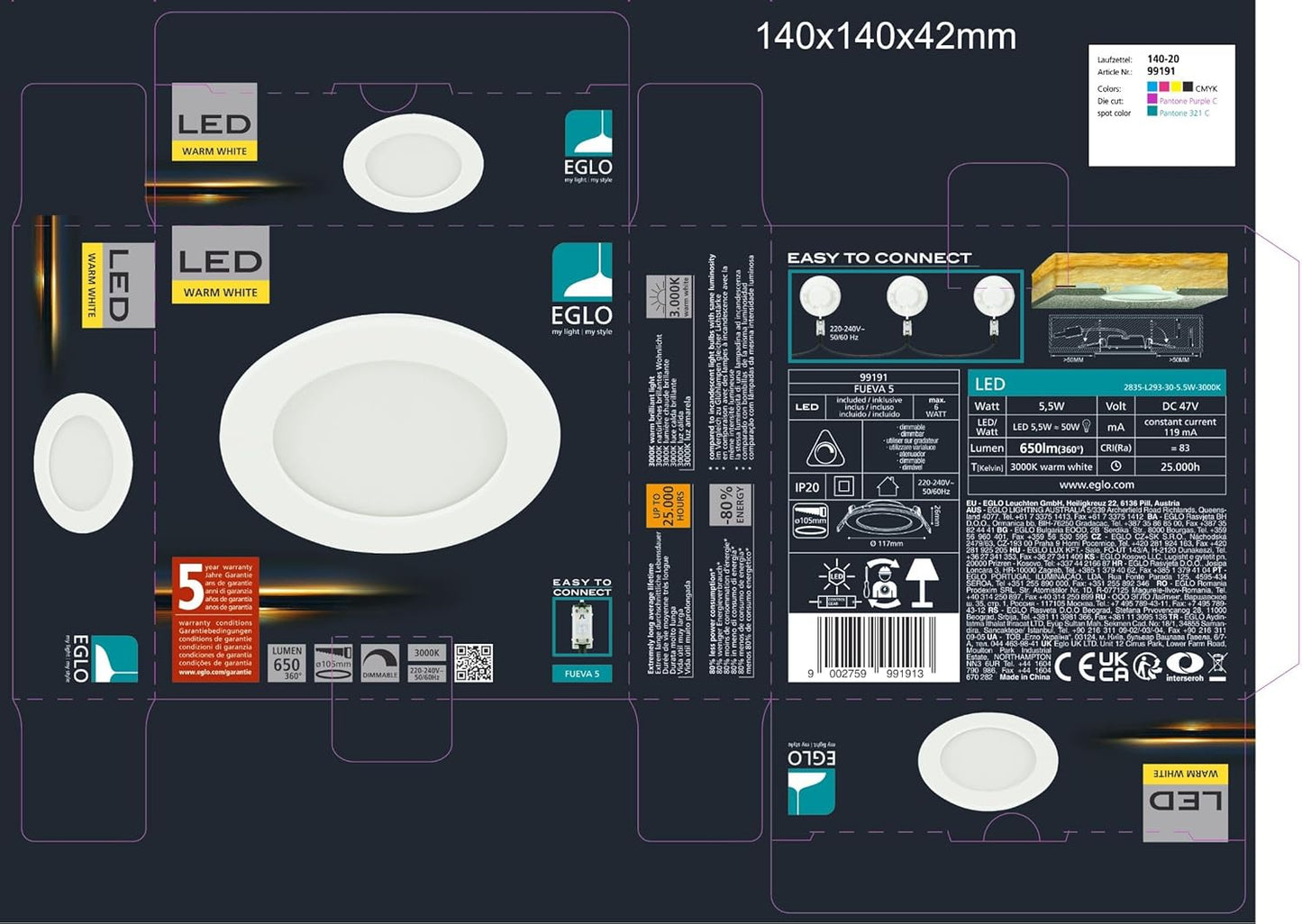 Eglo - Fueva 5 Recessed ?117 5.5W 650Lm Dimmable White - 117 Mm