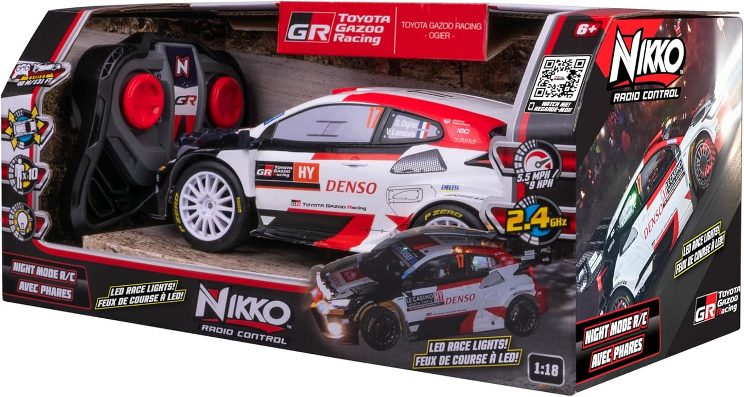 Nikko RC 10394 Night Mode Toyota Gazoo WRC, op afstand bestuurde rallyauto met realistische details met led-koplampen, 25 cm, 2,4 GHz afstandsbediening, 40 m bereik, voor kinderen vanaf 6 jaar, wit