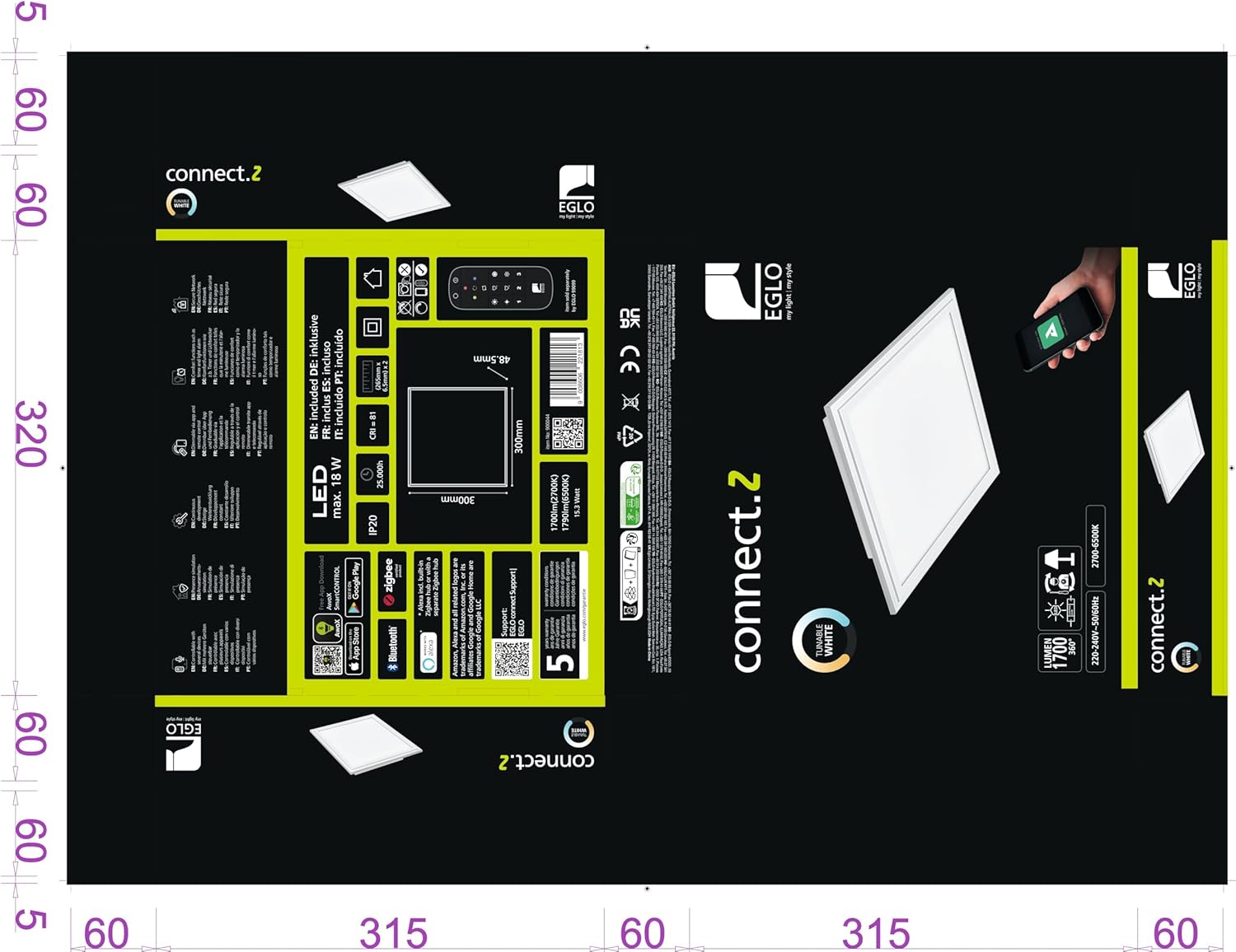 Eglo - Salobrena-Z Panel White 30X30 - Tw - Zigbee, Bluetooth