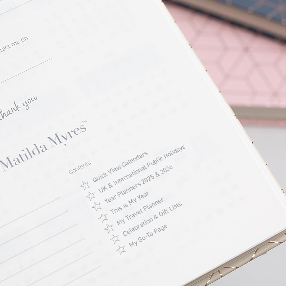 Matilda Myres 2025 Diary | A5 Day a Page Diary | Rose Gold Wirobound | January to December Planner | Hardback Covers with Rose Gold Detail | Herringbone Design | Black Black 2025