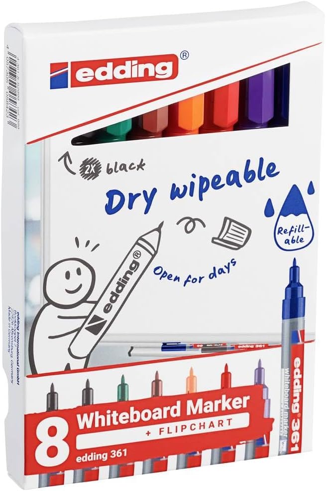 edding 361 whiteboard marker set - multi-coloured - 8 whiteboard pens - round nib 1 mm - whiteboard pen dry wipe - for whiteboards, flipcharts, magnetic, memo boards - sketchnotes - refillable