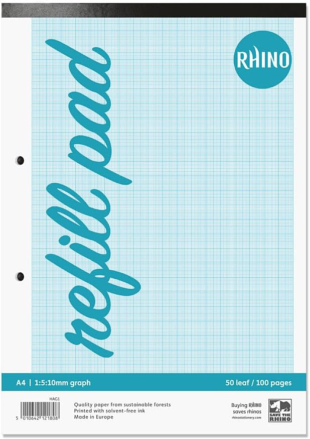 RHINO Graph Paper A4 Pad, 100 Page / 1:5:10mm Ruling, 6 Pack, Grid Paper Pad, for Maths & Science, Office & School Stationery Supplies