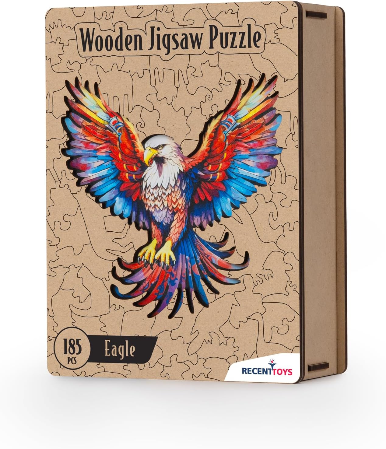 Recent Toys RT5199 Jigsaw Eagle for Adults and Kids.185 Puzzle, Large Size 28.5 x 27.5 cm with Unique Shaped Pieces. Includes Wooden Storage Gift Box and Stand