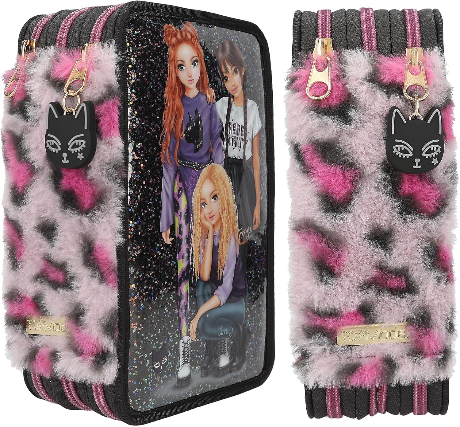 Depesche 13017 TOPModel Rebel Kitty - Filled 3-Compartment Pencil case in Black, with Model Motif, Glitter and Leo Fur, Pencil case with Crayons, Ruler, Scissors and Much More.