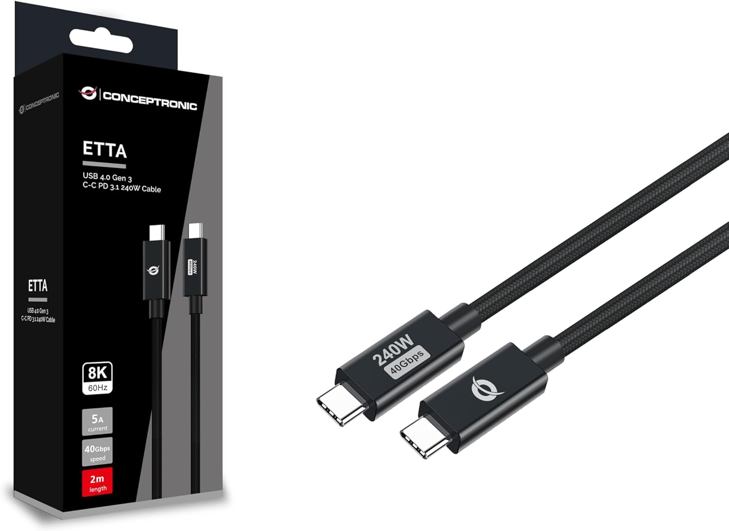 Conceptronic Cable USB-C 4.0 -> C M/M 2.00 m 5A 40Gbps Black