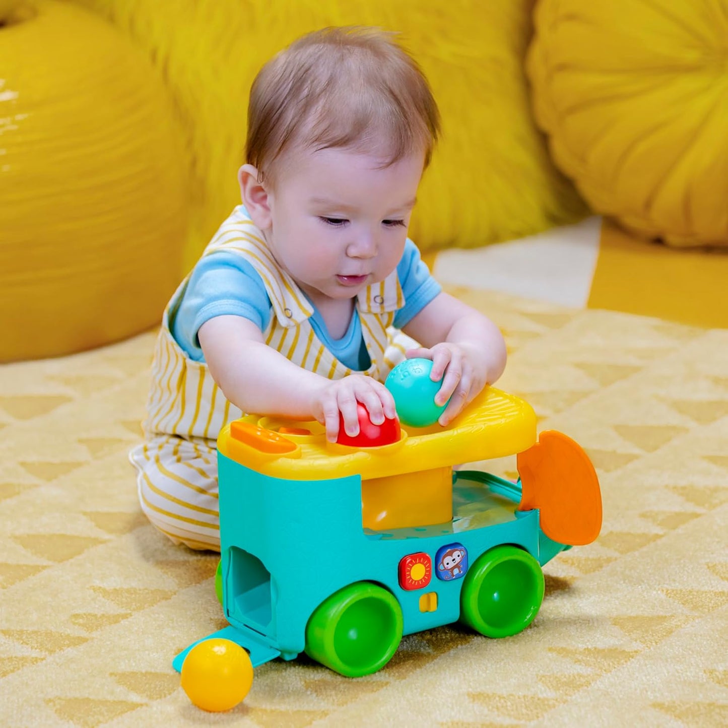 Bright Starts, Bus avec Balles Pop & Roll Safari, Jeu de Lancement de Balles avec Éléphant, pour Enfants de 6 Mois et Plus, Unisexe