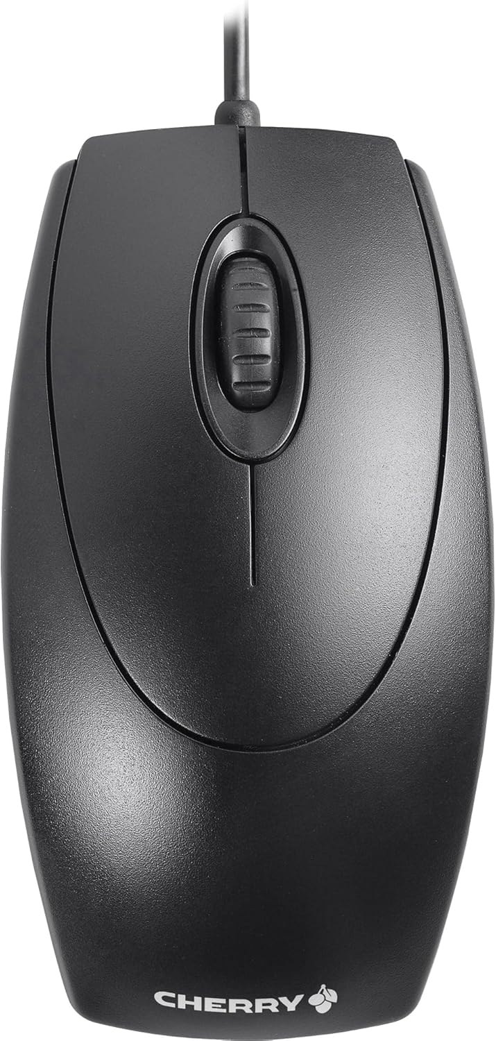 CHERRY WheelMouse, Kabelgebundene Maus, Symmetrisches Design für Rechts- und Linkshänder, Optischer Sensor, USB-Anschluss, PS/2-Adapter inklusive, Schwarz