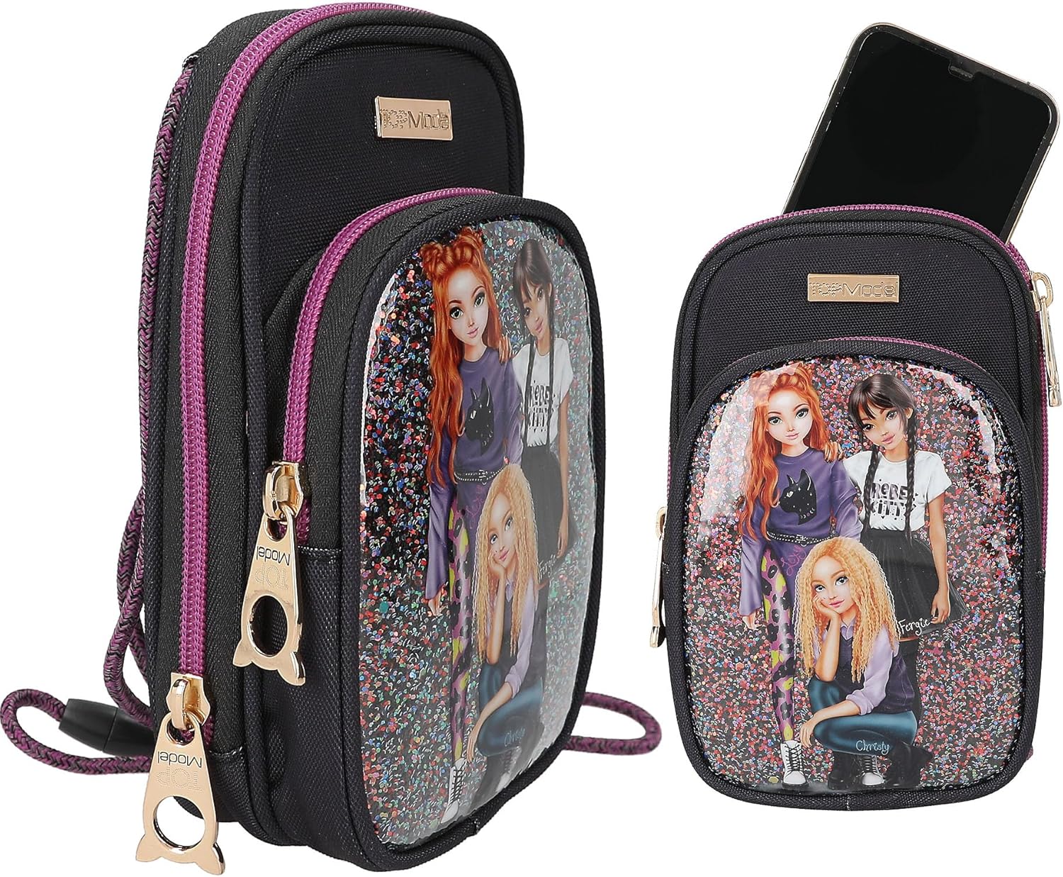 Depesche TOPModel Rebel Kitty 13022 Mobile Phone Case, Shoulder Strap, Black and Purple, Glitter Cat Design, Smartphone Pocket with Zip, Multicoloured