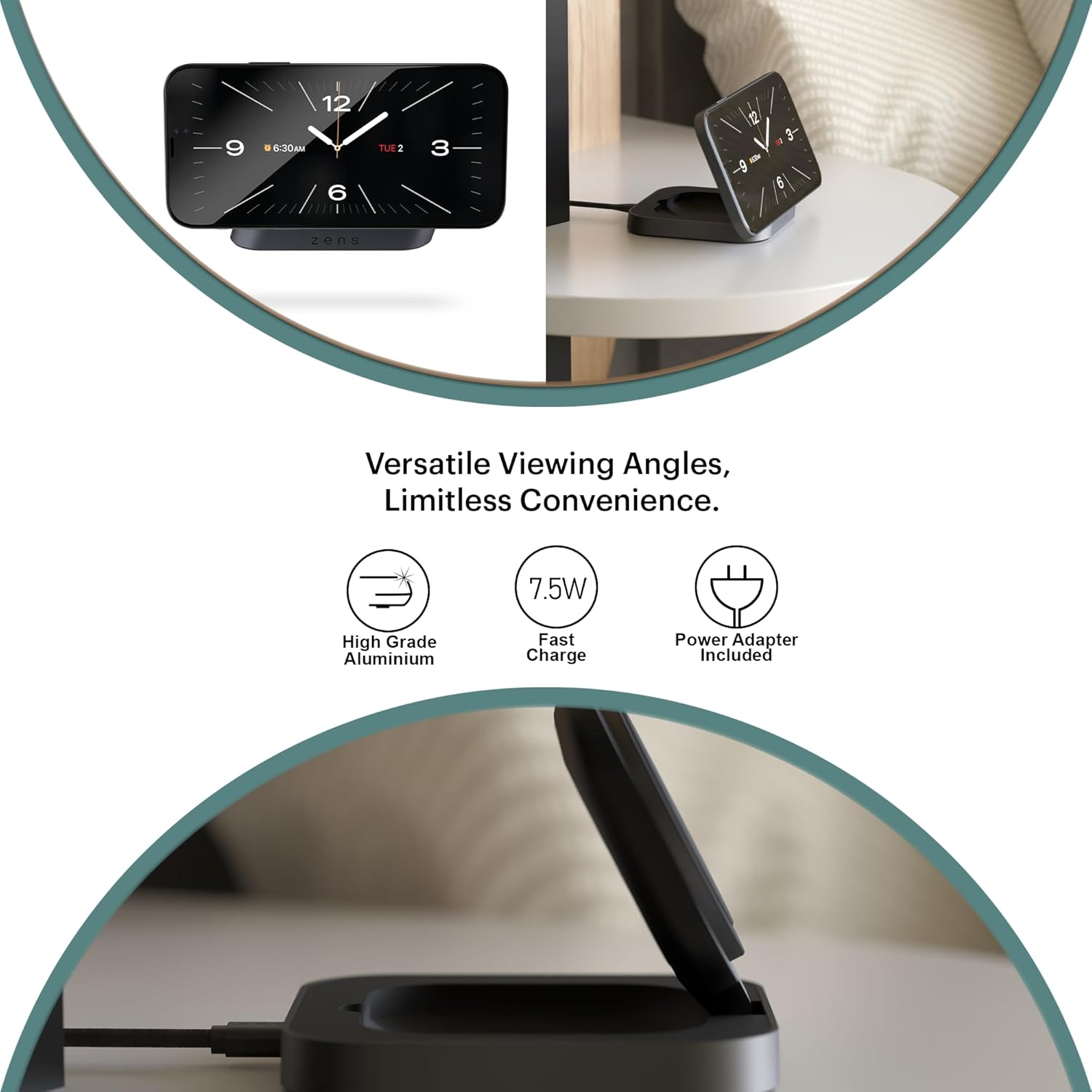 Zens Magnetic Nightstand Wireless Charger for iPhone 12 & Up - Magsafe and Apple Fast Charge compatible,15W Fast charging, Portrait/Landscape Stand, 20W Adapter, EU/UK/US Plugs, 3-Year Warranty, Black
