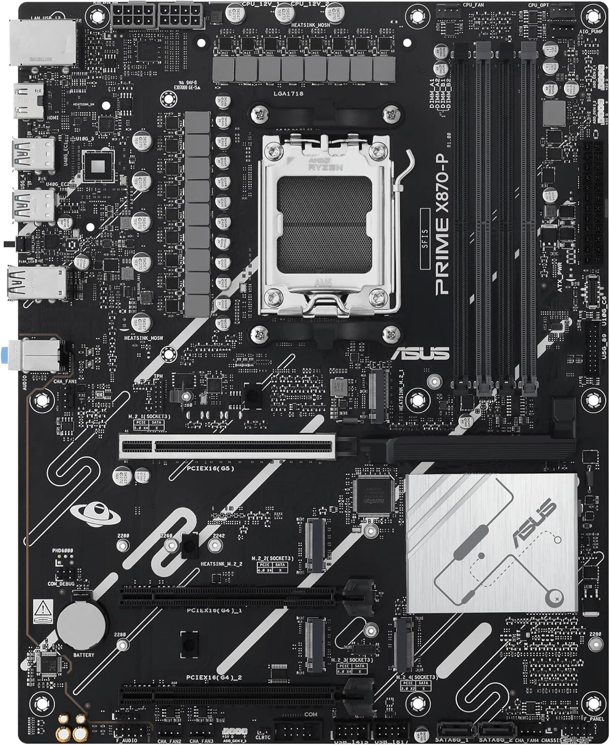 ASUS PRIME X870-P AMD ATX motherboard, 14-2-1(80A) power stages, PCIe 5.0 x16 slot with full support for next-gen graphics cards, four M.2 slots, DDR5 slots, PCIe Slot Q-Release AMD AM5 X870
