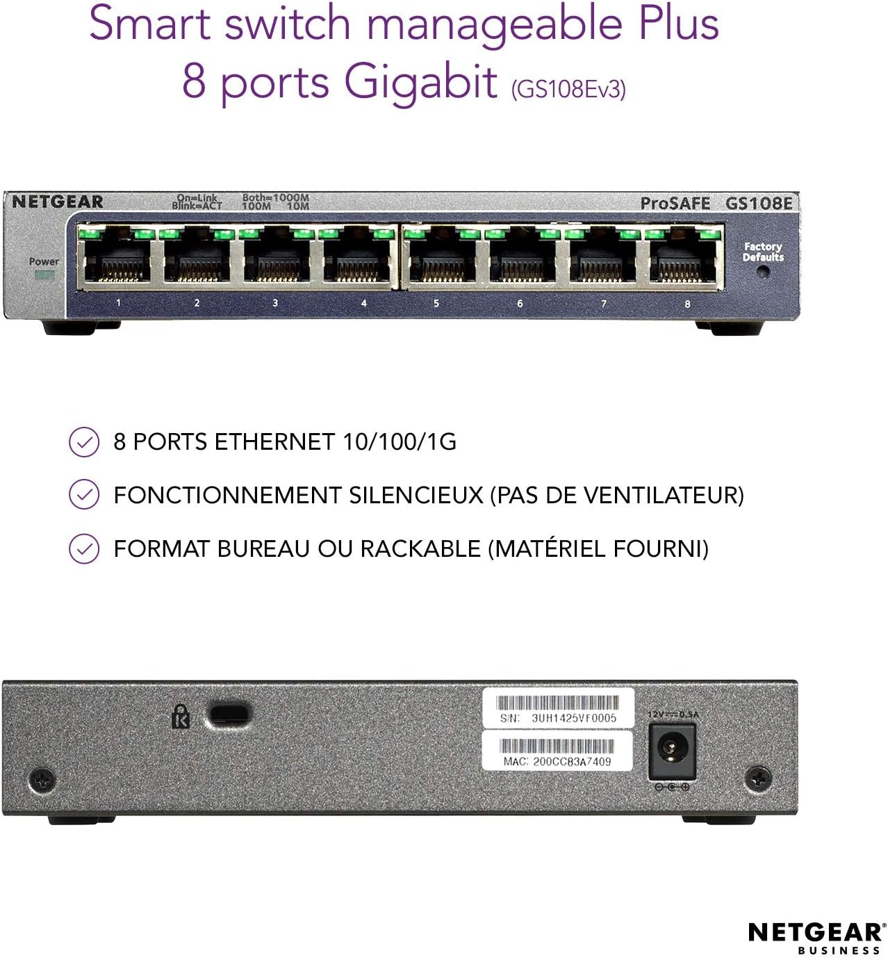 Netgear (GS108EV4) 8-Port Smart Managed Gigabit Switch (up to 2000 Mbps, plug-and-play, configurable with German GUI, VLAN, QoS/DOS, IGMP snooping, fanless, metal chassis)