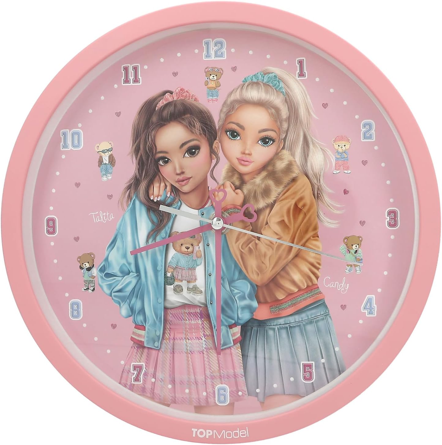 Depesche 13228 TOPModel Team Wall Pink for Children, with Model Motif and Teddy Bear, Silent Clock, Battery Included, Multicolour, One Size