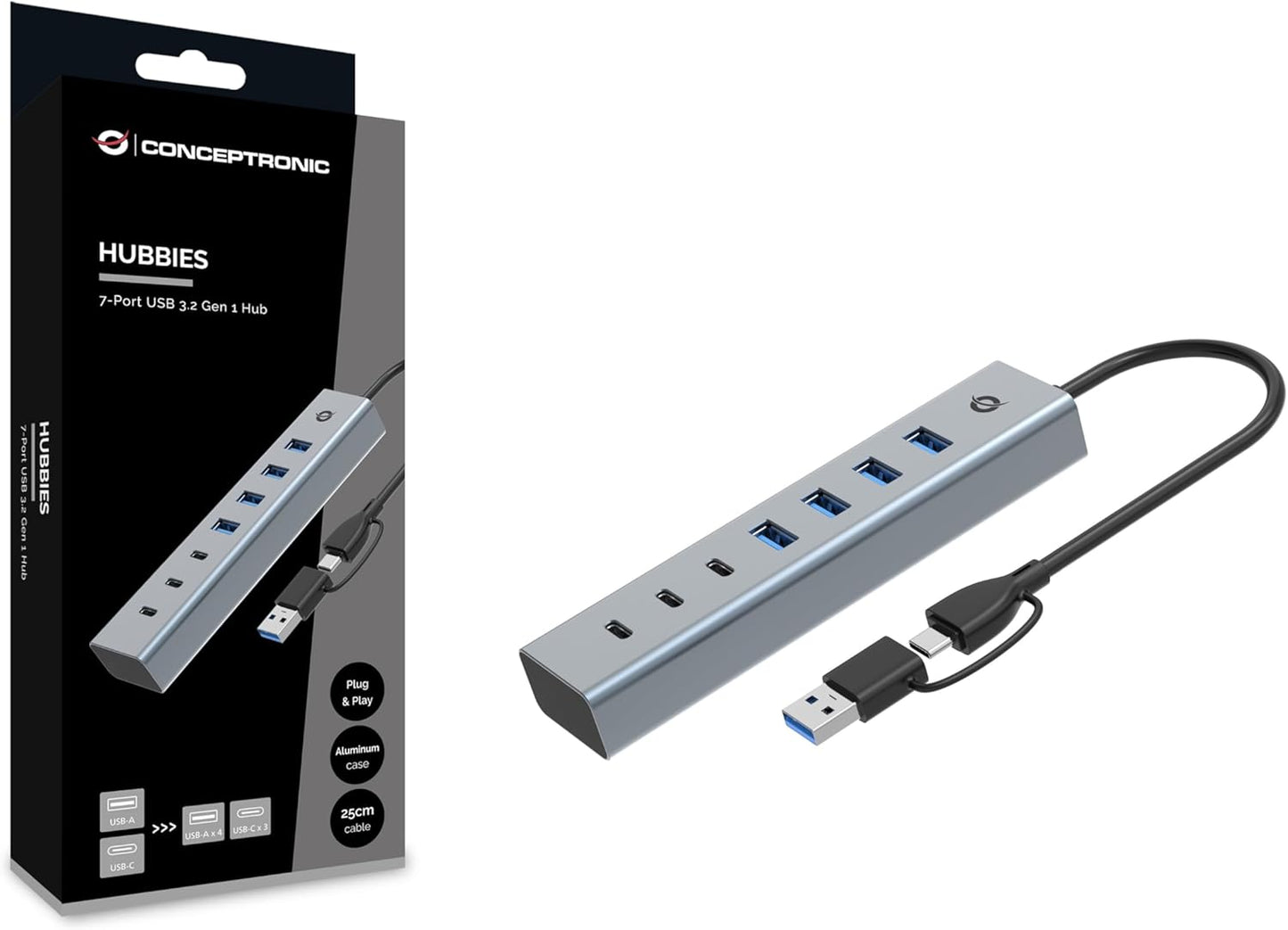 Conceptronic 7-Port USB 3.0 Hub, USB-C x 3, USB-A x 4, 5Gbps, Compatible with Laptops, Desktops, Peripherals, Gadgets