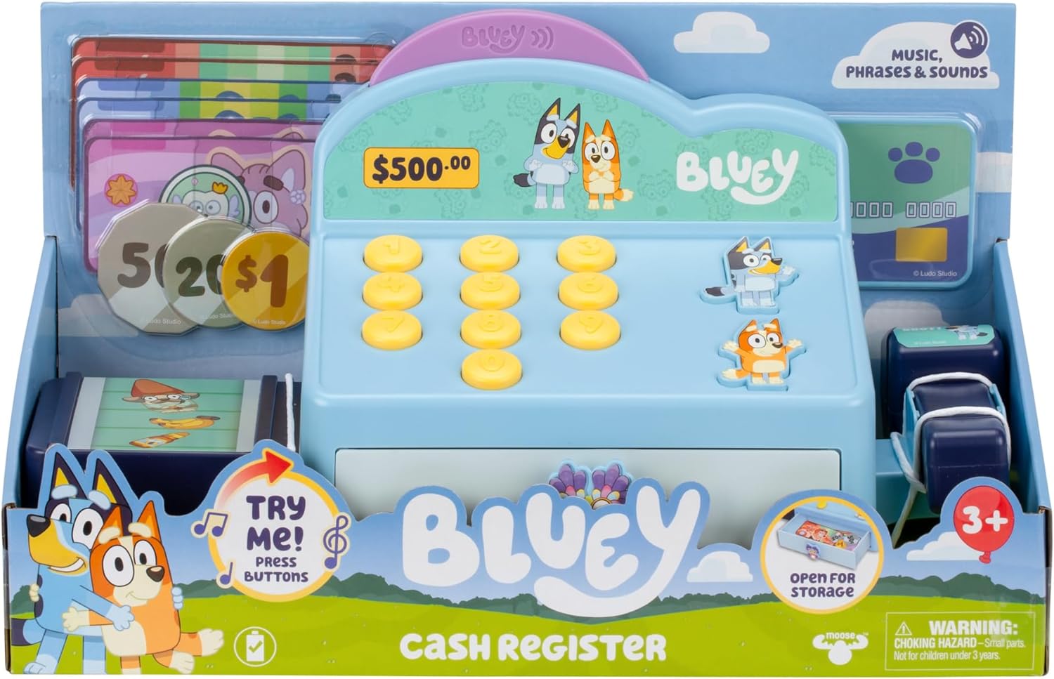 Bluey Cash Register. Press The Buttons to Hear Beeps, Sounds and Phrases From and Bingo, Use the Scanner to Scan Packages and Pretend to Run a Shop, Includes Toy Credit Card and Dollar Bucks!