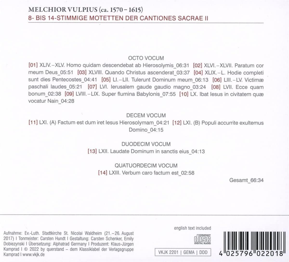 Melchior Vulpius: 8- Bis 14-stimmige Motetten Der Cantiones Sacrae II - Volume 4