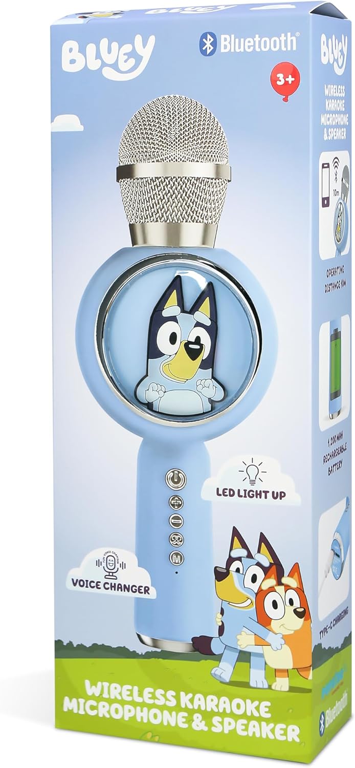 OTL Technologies BL1209 Bluey Popsing LED Light Up Wireless Karaoke Microphone with Voice Changer Mode – Blue