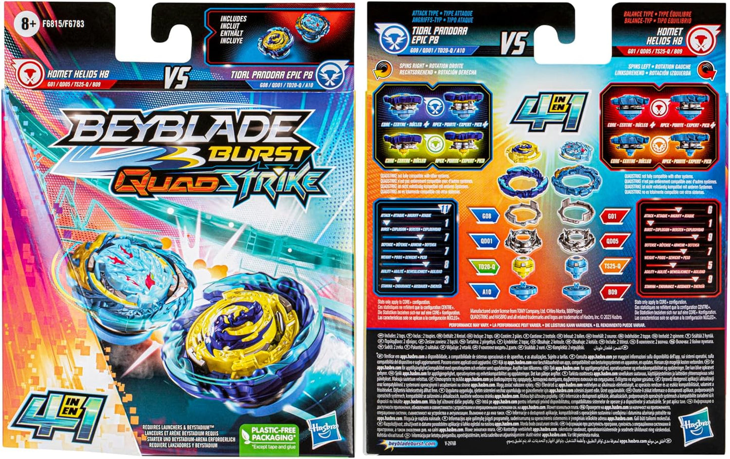 Beyblade Burst QuadStrike Comet Helios H8 and Tidal Pandora Epic P8 Spinning Top Twin Pack, Battle Spinning Top Toy