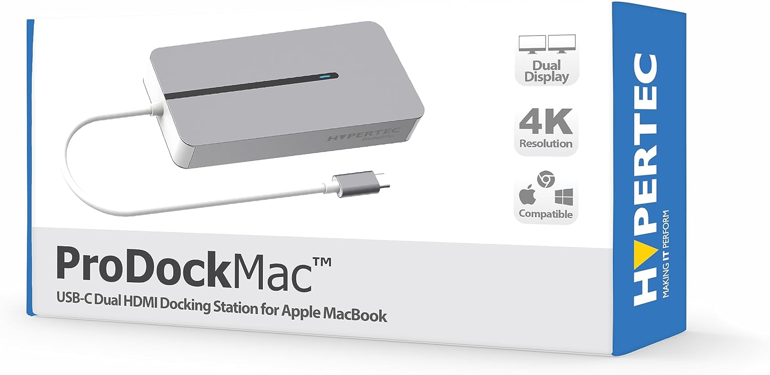 Hypertec ProDockMac - Universal USB-C Dock for Apple MacBook Extended Display with Dual HDMI, Gigabit Ethernet, 2 X USB A, 100W Power Delivery.