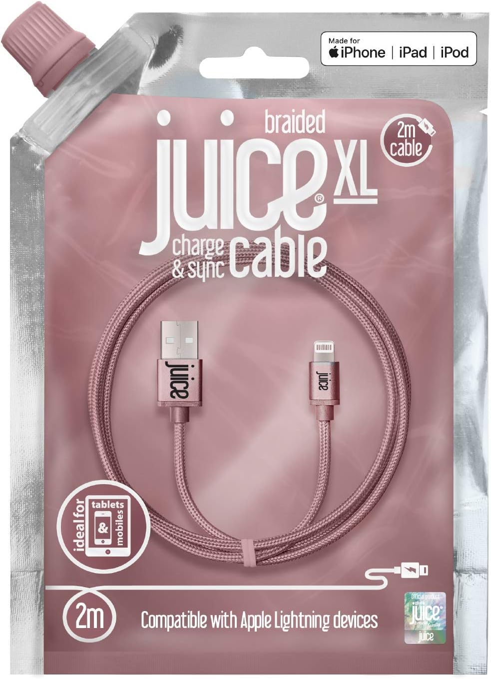 Juice Apple iPhone Lightning 2 m Braided Charger and Sync Cable for Apple iPhone 13, 13 Pro, 12, 12 Mini, SE, 11, XS, XR, X, 8, 7, 6, 5, iPad, Pro, Air, Mini, Airpods Pro- Rose Gold