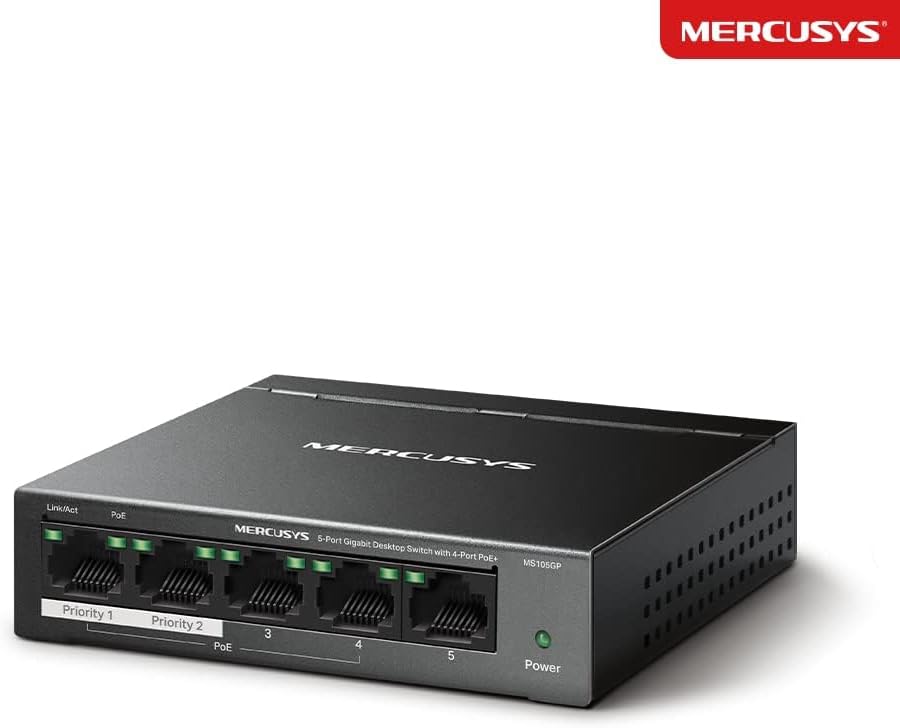 MERCUSYS 5-Port Gigabit Desktop Ethernet Switch with 4-Port PoE+, PoE Power Budget 65W, compatible with 802.3af/at PDs, Power management, metal case, Plug & Play, No Configuration Required (MS105GP)
