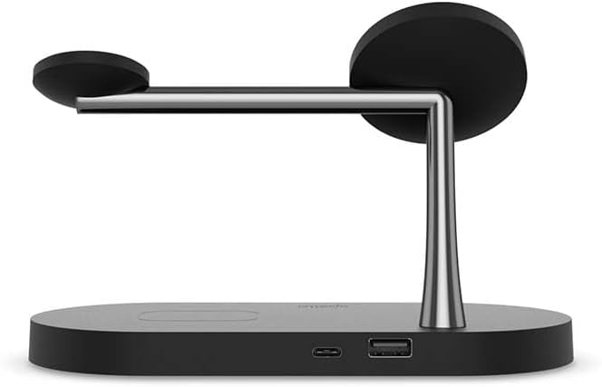 Spello 3 in 1 Magnetic Wireless Charging Stand, MagSafe Compatible, Charging for iPhone 15, 14, 13 & 12 series, Apple Watch & AirPods, with USB-A Charging Port, Black