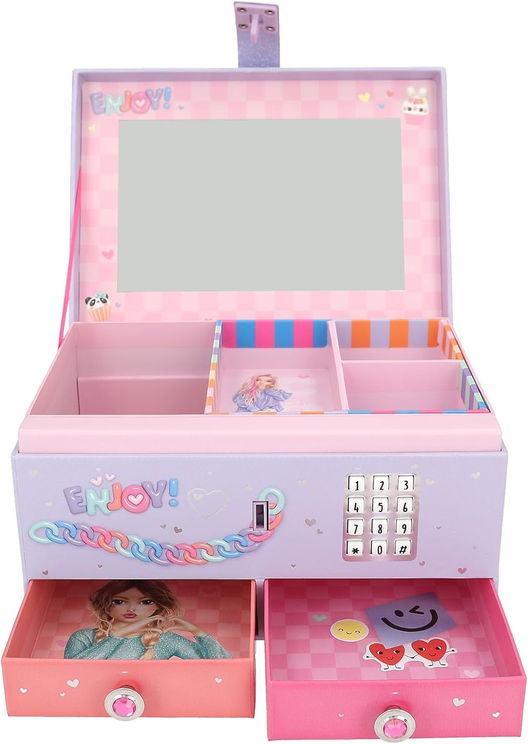 Depesche TOPModel 13141 Large Jewellery Box in Light Purple, with Model Motif and Colourful Details, Jewellery Box with Code, Sound and Mirror