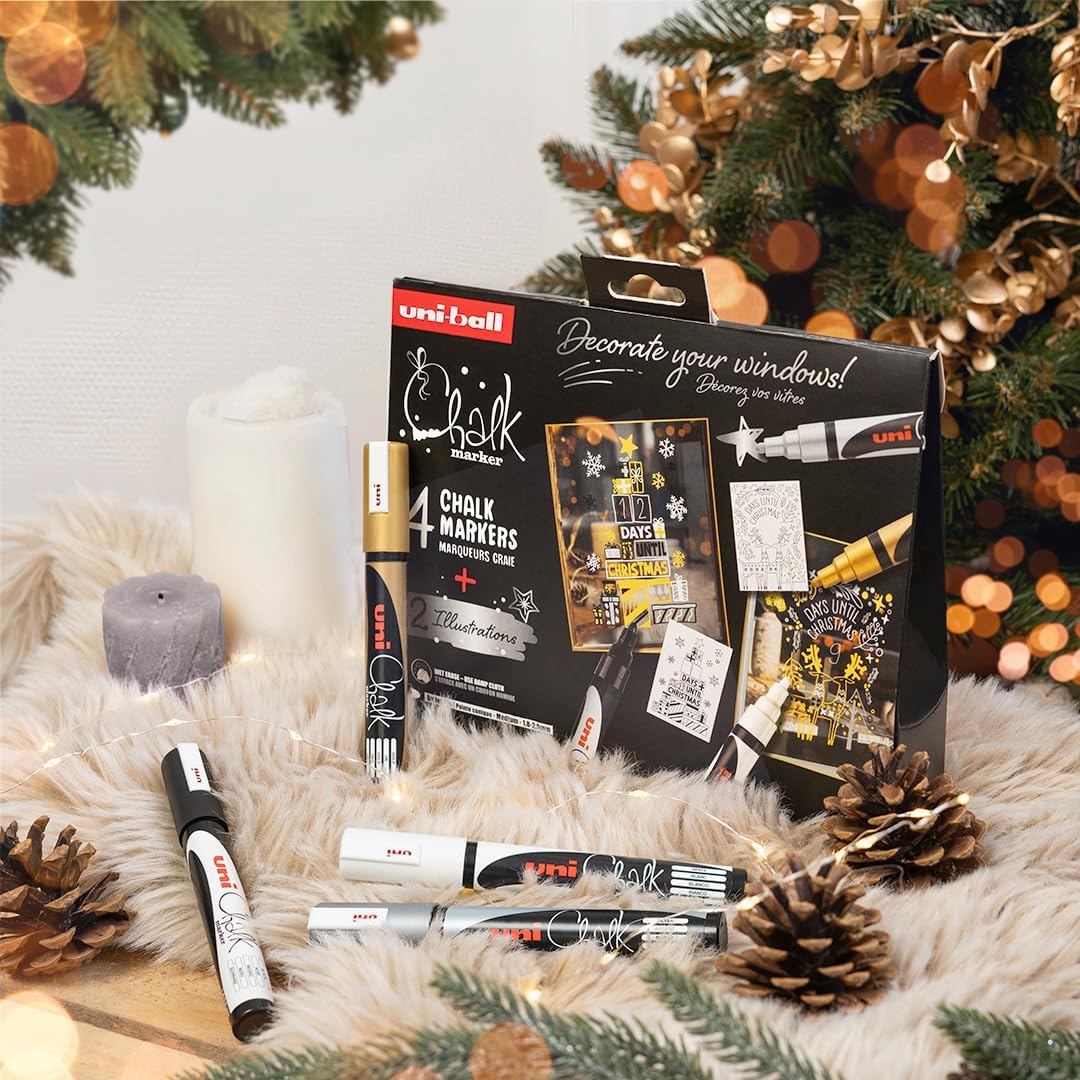 uni-ball Liquid Chalk Pens. Multi-Purpose Wipeable Coloured Markers for Blackboards, Chalkboards, Whiteboards, Glass, Mirrors, Plastic, Windows, Metal. Medium Tip. 4pc Christmas Set