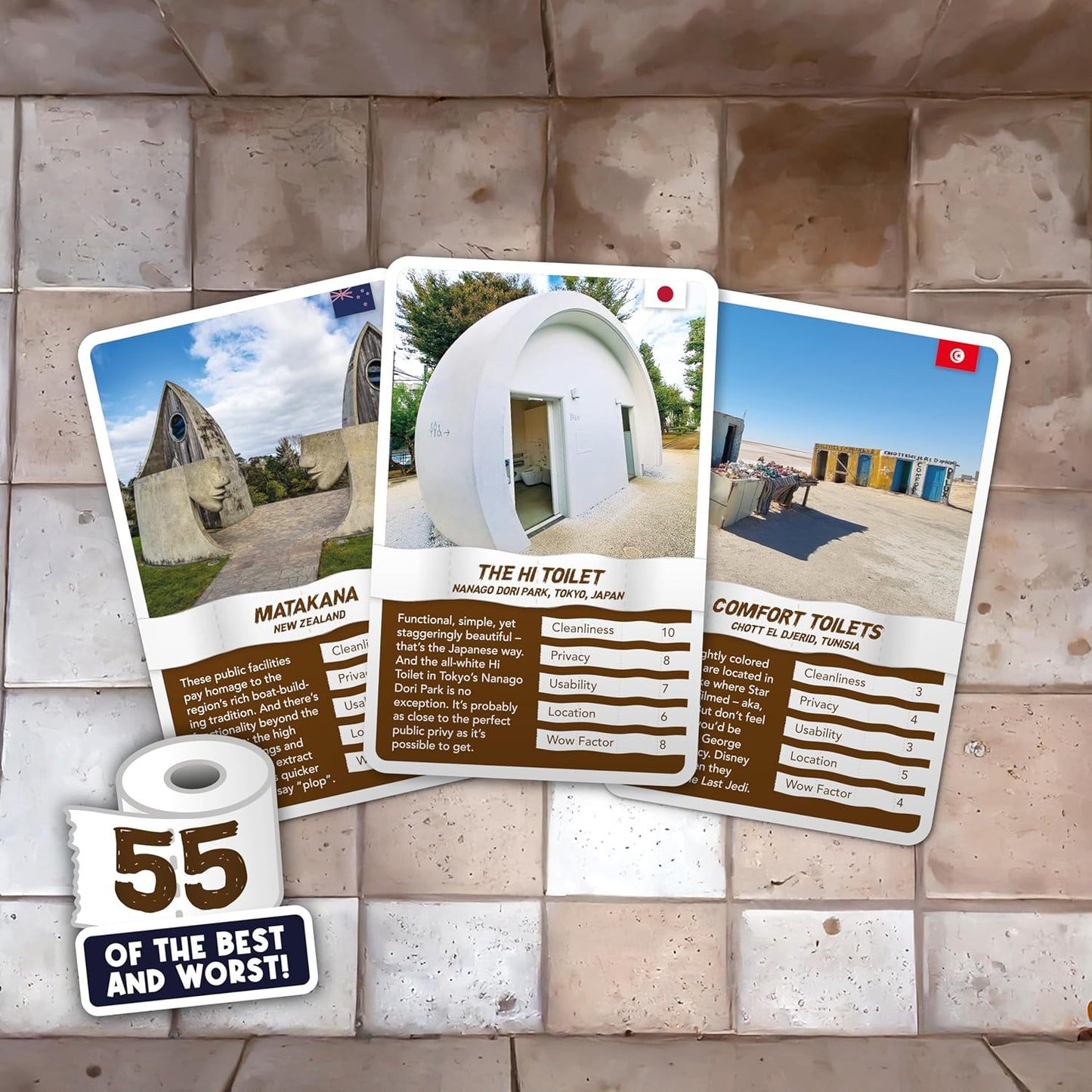 Bubblegum Stuff Top Toilets - 55 Best & Worst Loos - Outcore Your Opponents - Steal Every Toilet - Win The Game For Lavatory Lovers - 55 Flashcards (17.5 x 8.5cm)