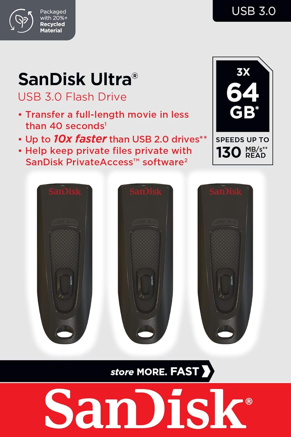 SanDisk Ultra 64GB USB Flash Drive USB 3.0 up to 130MB/s Read - Pack of 3
