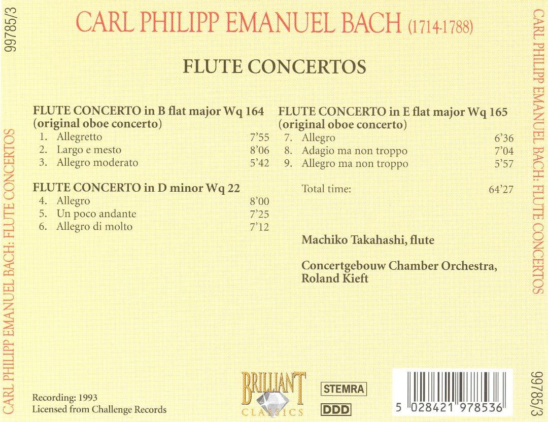 1-CD C.P.E. BACH - FLUTE CONCERTOS - MACHIKO TAKAHASHI - CONCERTGEBOUW CHAMBER ORCHESTRA / ROLAND KIEFT (DISC IS EXCELLENT, 1 SMALL NOTATION ON THE BACKSIDE OF THE BOOKLET)