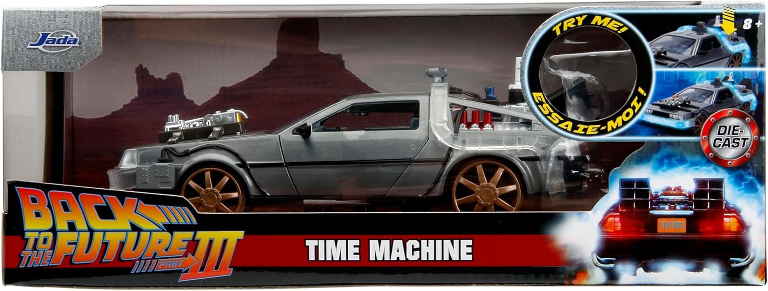 Back to The Future Part III 1:24 Time Machine Rail Wheels Die-Cast Car, Toys for Kids and Adults, Silver