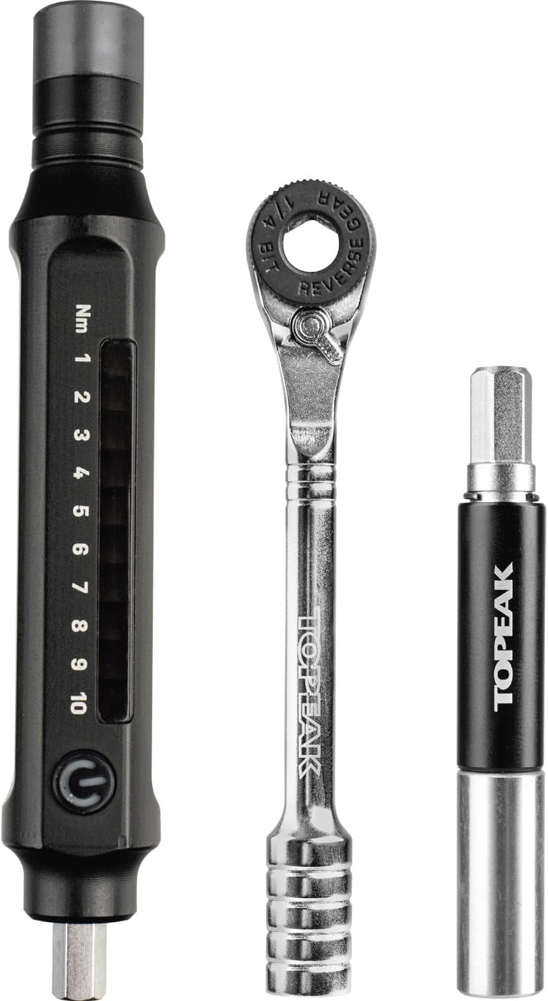 Topeak E-Torqbar 1-10Nm, A lightweight portable digital torque wrench with LED indicators includes Hex & Torx Bits, Black