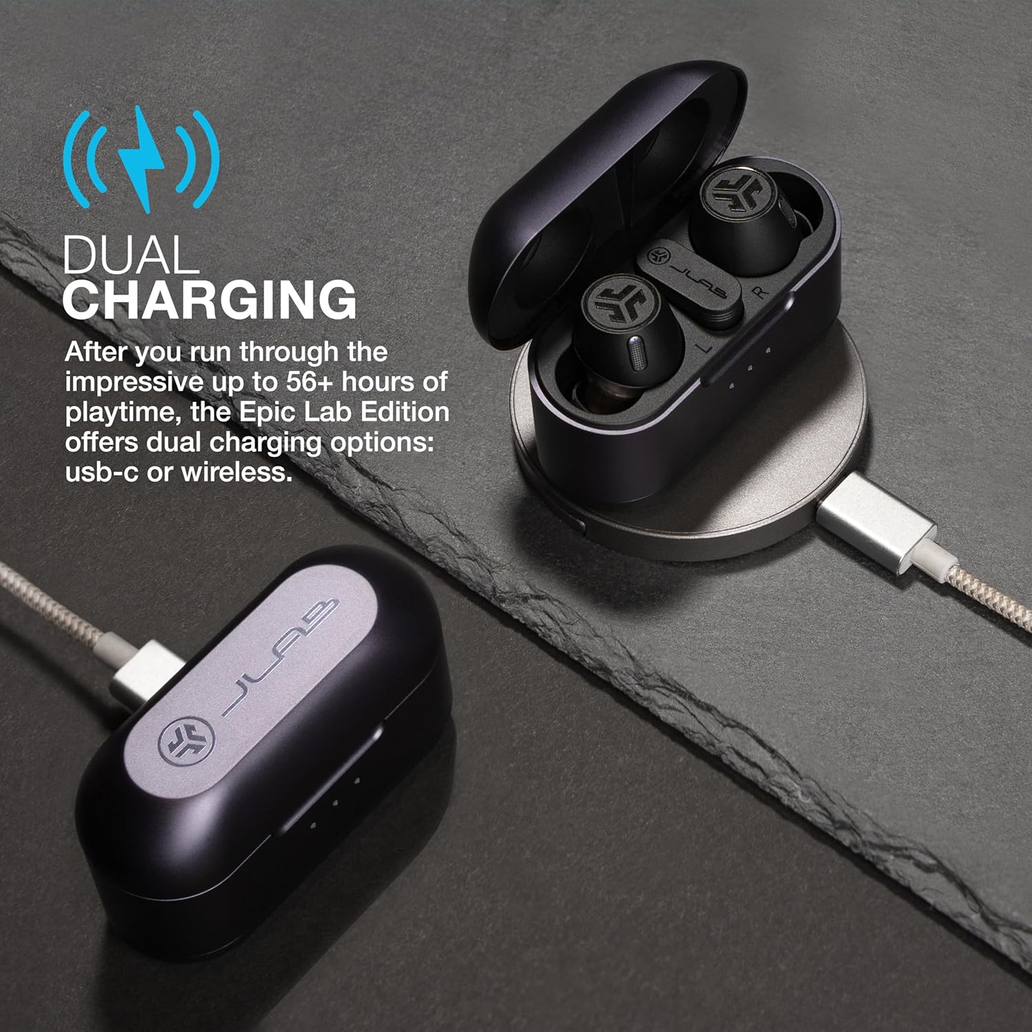 JLab Epic Lab Edition Smart Active Noise Cancelling Earbuds with Hybrid Dual Drivers, Bluetooth LE Audio, Spatial Audio, 56+ Hours Playtime, IP55 True Wireless Earbuds, Wireless or USB-C Charging
