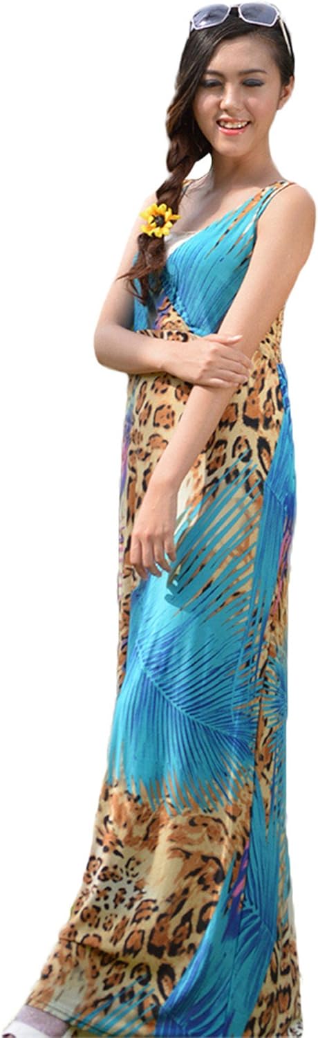 Insun Women's Sexy V Neck Printed Maxi Beach Chiffon Bohemian Dress S Blue