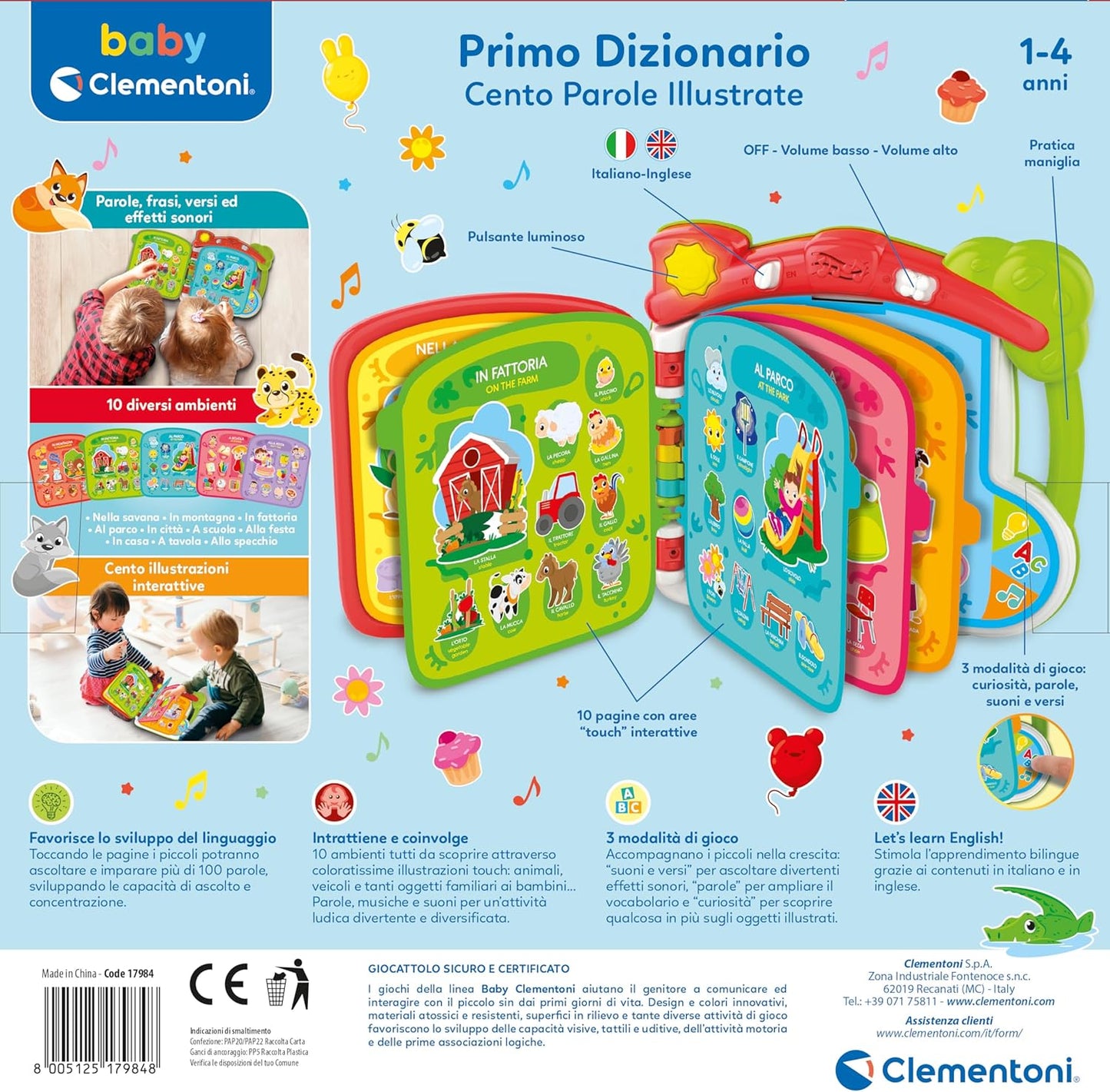 Clementoni - Baby Scopro The World in 100 Interactive, 1 Year Electronic Speaking Book for Children, Educational Book, Bilingual, Tactile Sound, Teaches Italian and English, Learn New Words