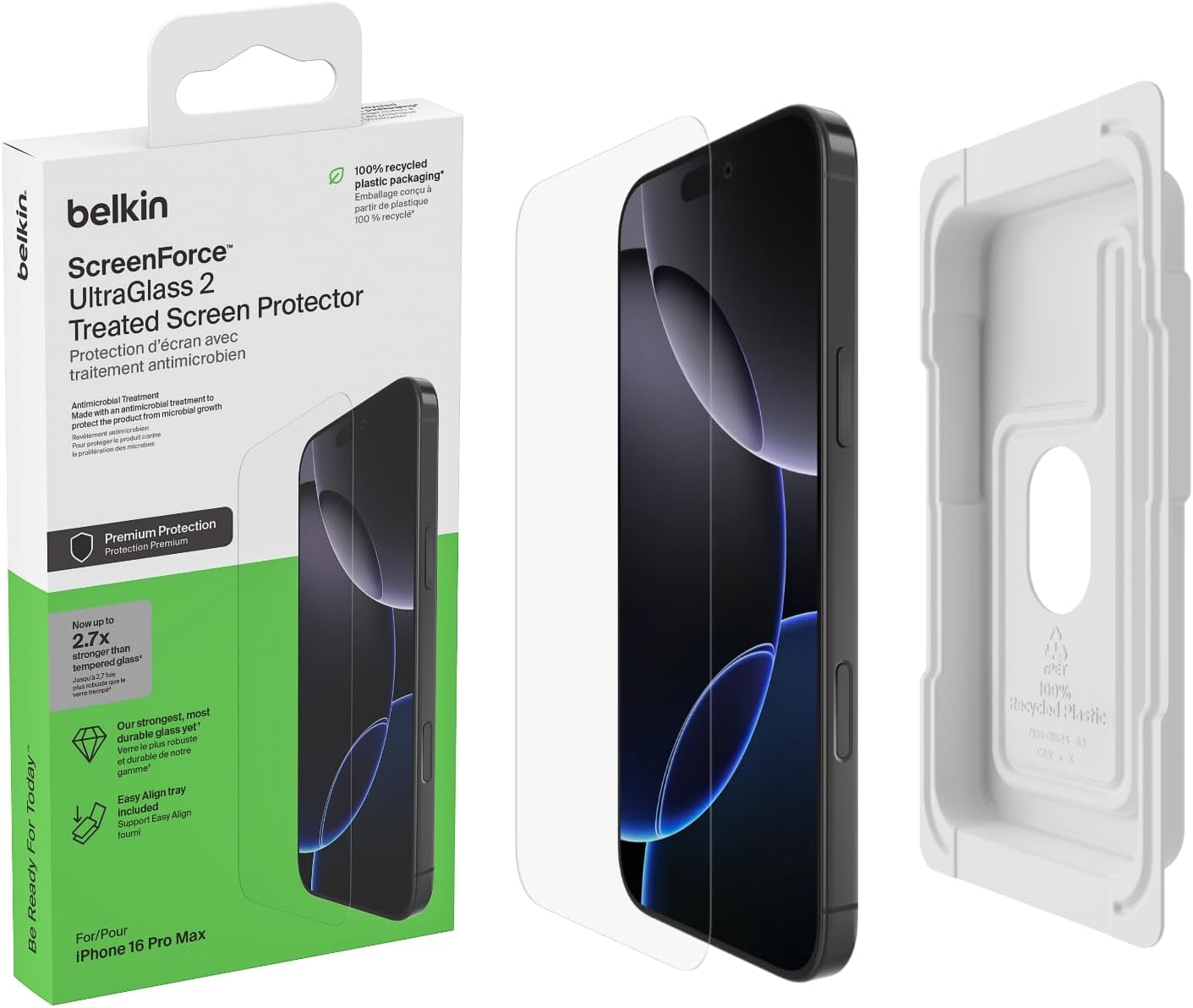 Belkin ScreenForce UltraGlass 2 iPhone 16 Pro Max Screen Protector, scratch-resistant, 9H hardness tested glass, slim design, with bubble-free application, full screen coverage for iPhone 16 Pro Max