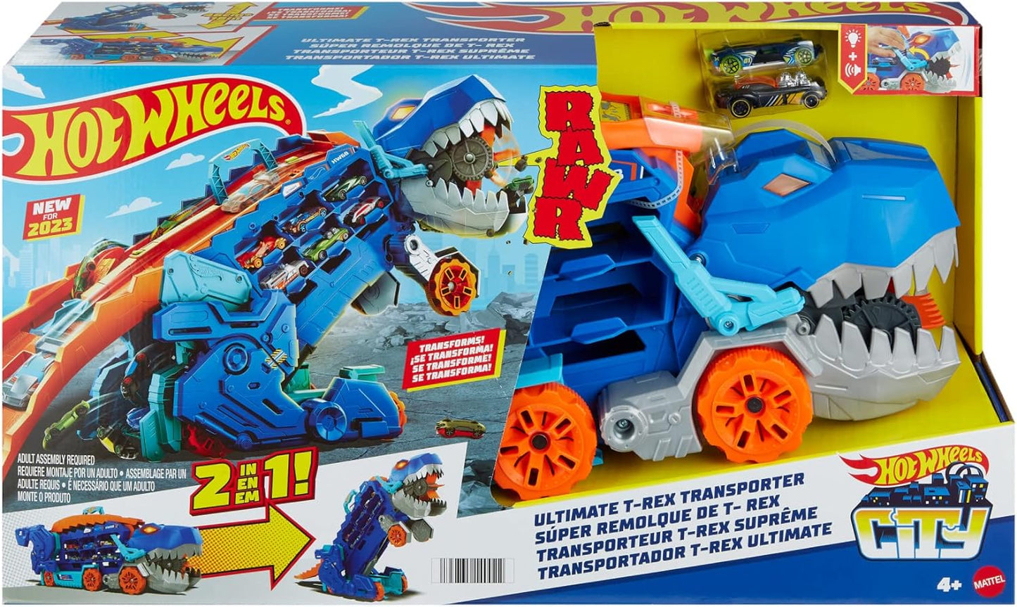 Hot Wheels City “Let's Race - ¡a Correr!” Netflix - Camión T-Rex definitivo Dinosaurio Transporte y Pista para Coches de Juguete, Incluye 2 vehículos, +4 años (Mattel HNG50)