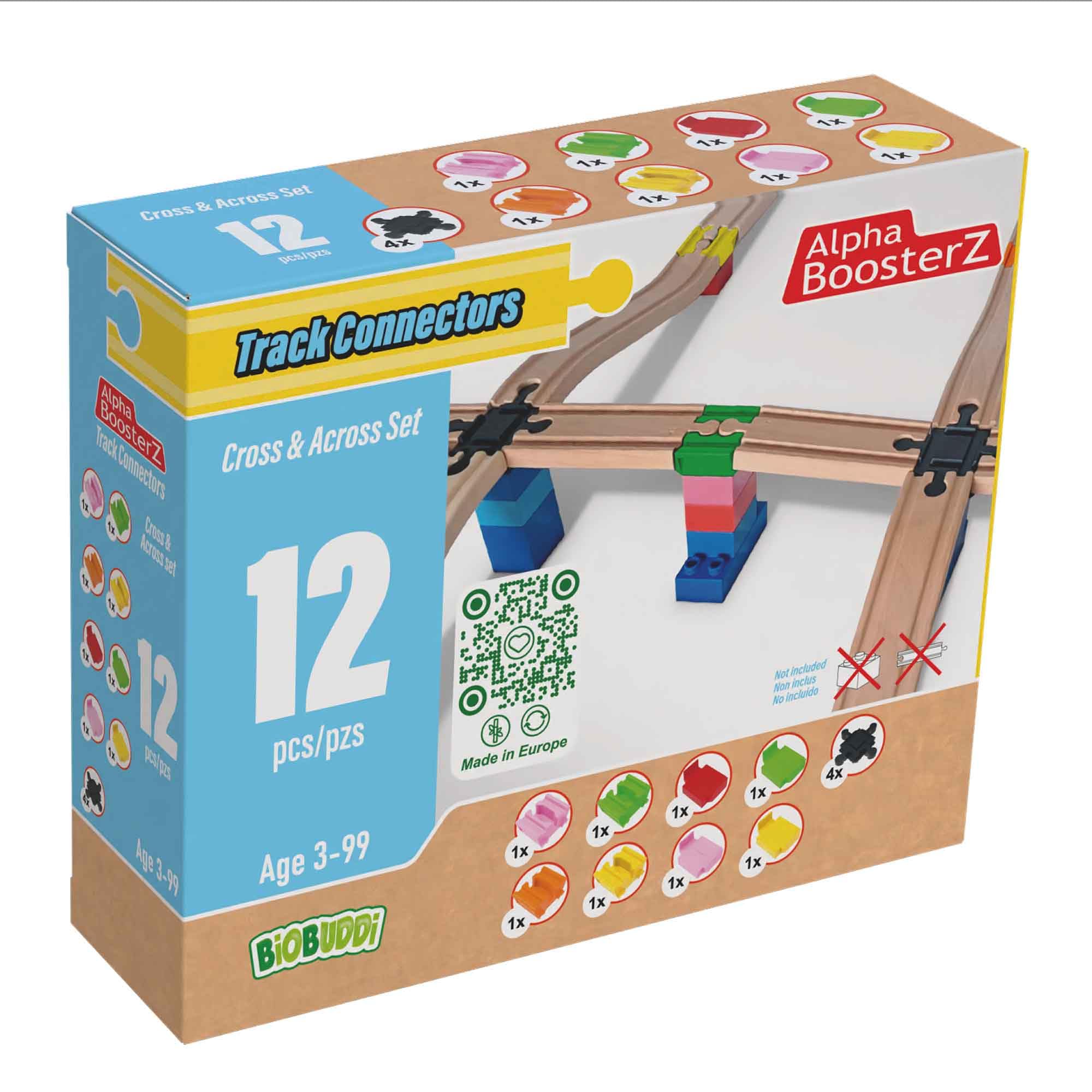 Alpha Boosterz Gleisverbinder-12Stück Kreuz & quer Set, hölzerne Eisenbahngleise und Bausteine für Kinderspielzeug-passend für Brio-Gleisset & Duplo-Eisenbahn-Gleisadapter-anglebiger Holzzug