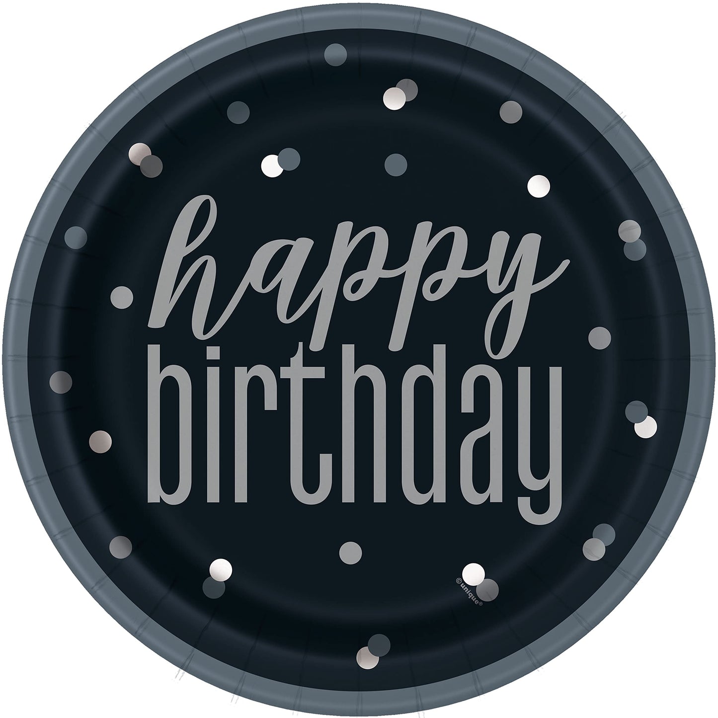 Unique- Piatti Ecologici in Carta-23 cm-Festa di Compleanno Glitz Nera e Argento-Confezione da 8, Multicolore, Happy Birthday, 83587EU