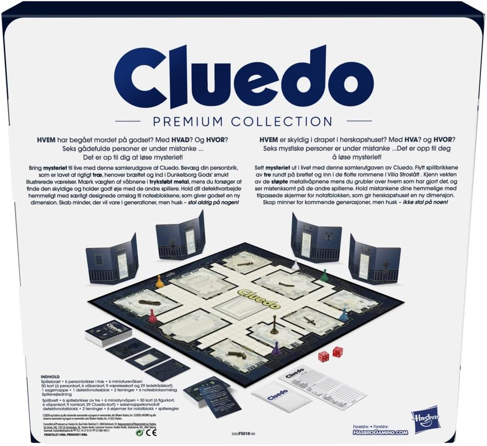 Hasbro Gaming hasbro cluedo premium collection family board game for 2 to 6 players, premium packaging and components, game for 8 years old (norwegian/danish