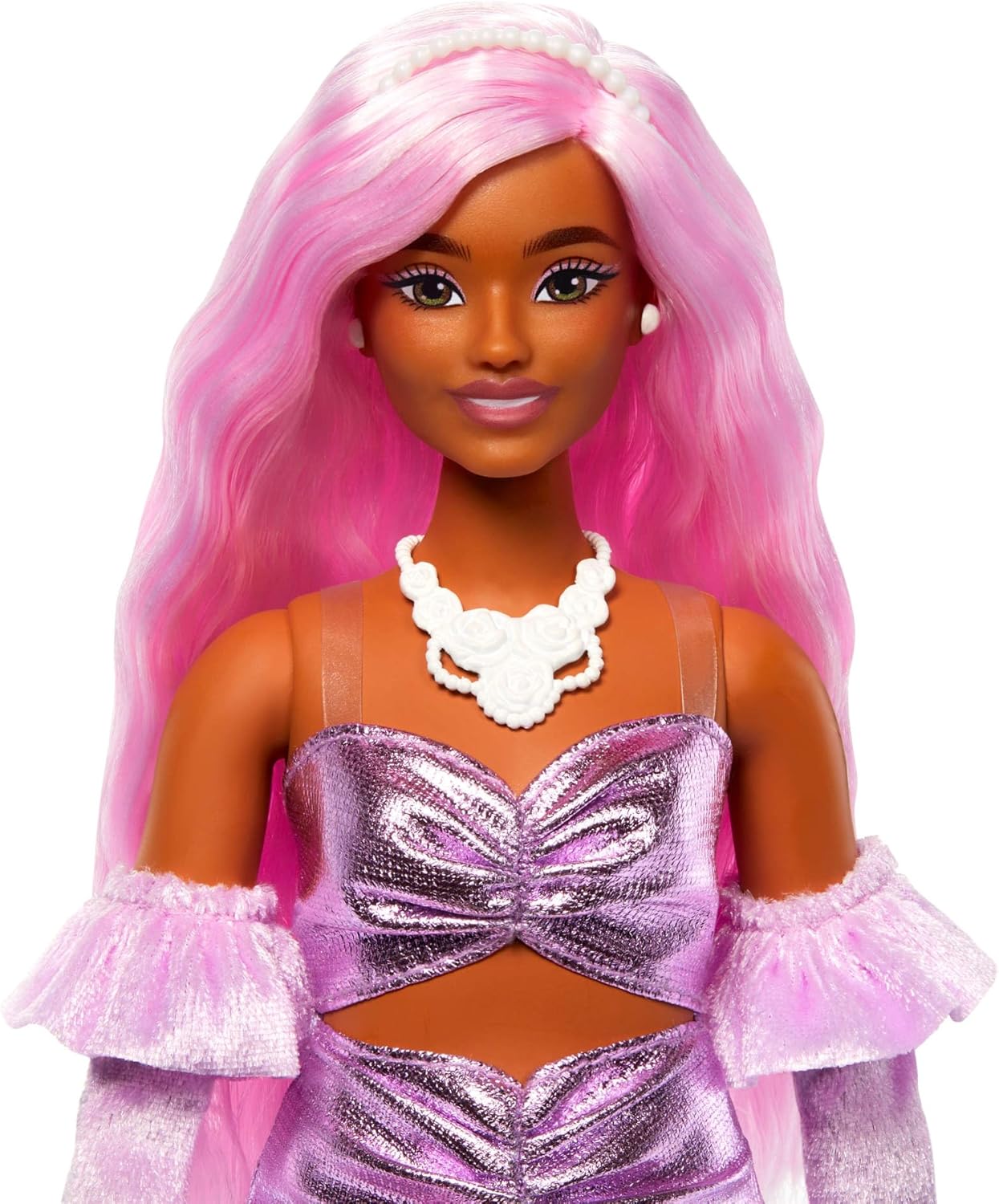 Barbie Deluxe Style Doll #1 in Barbiecore Outfit, Pink Hair and Glossy Pink Dress with Accessories Like Velvet Gloves, Money Purse, and More