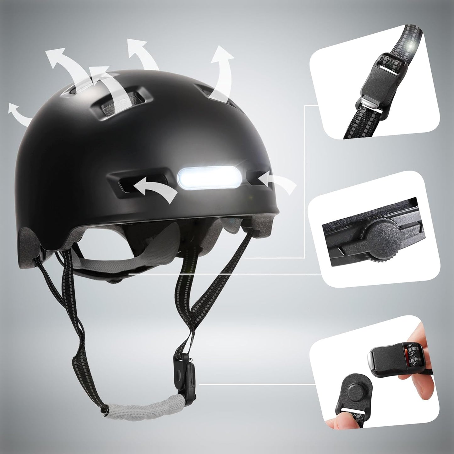 Crazy Safety Vertigo Mat Zwarte Fietshelm Voor- en Achterlicht USB | Skaterhelm Voor Scooter, Skateboard, Skates en BMX-fietsen, Stadsfietshelm Voor Heren Dames | M 54-57cm