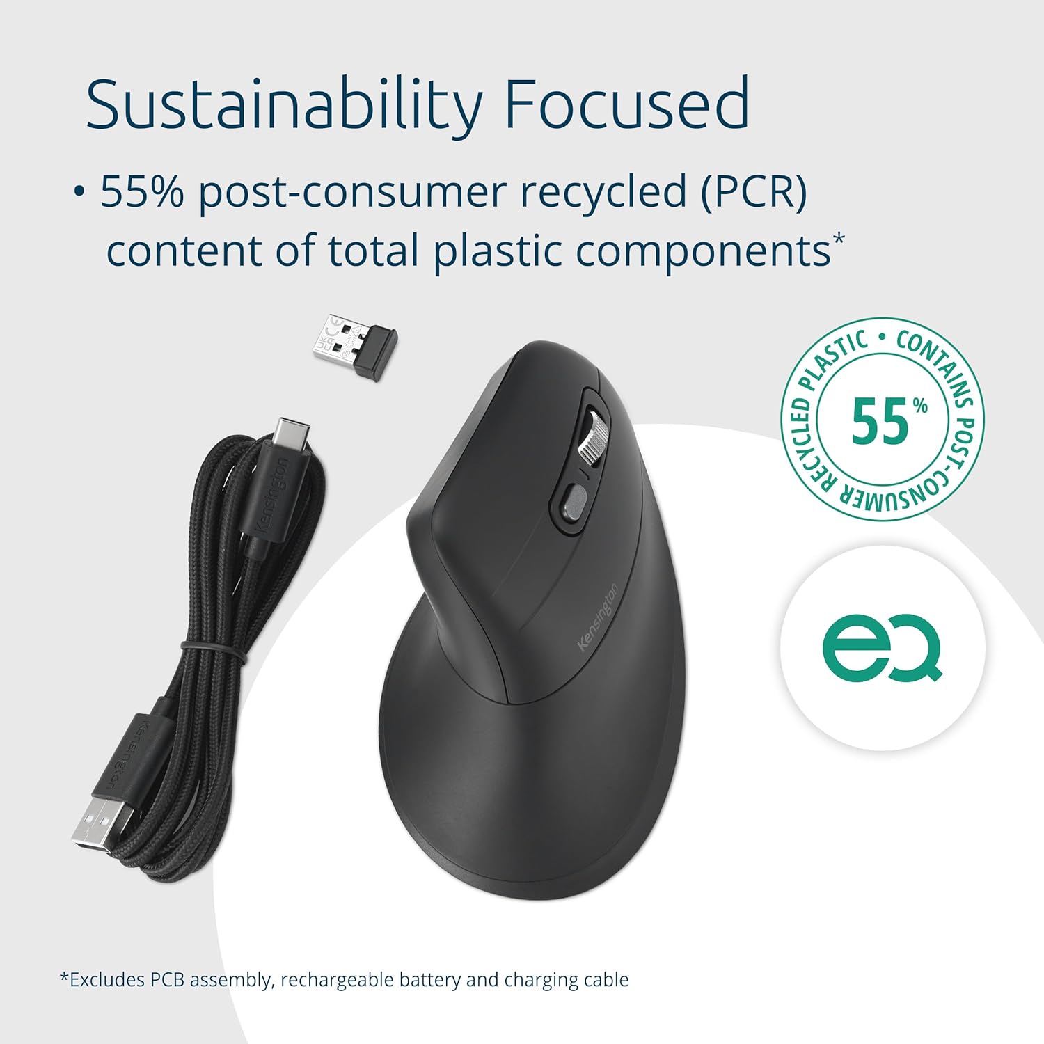 Kensington Pro Fit Ergo MY630 EQ Rechargeable Bluetooth Mouse with 2.4GHz USB-A Reciever, 55% Post-Consumer Recycled (PCR) Content, With Up to 4 Months Of Battery Life Per Charge (K72482WW