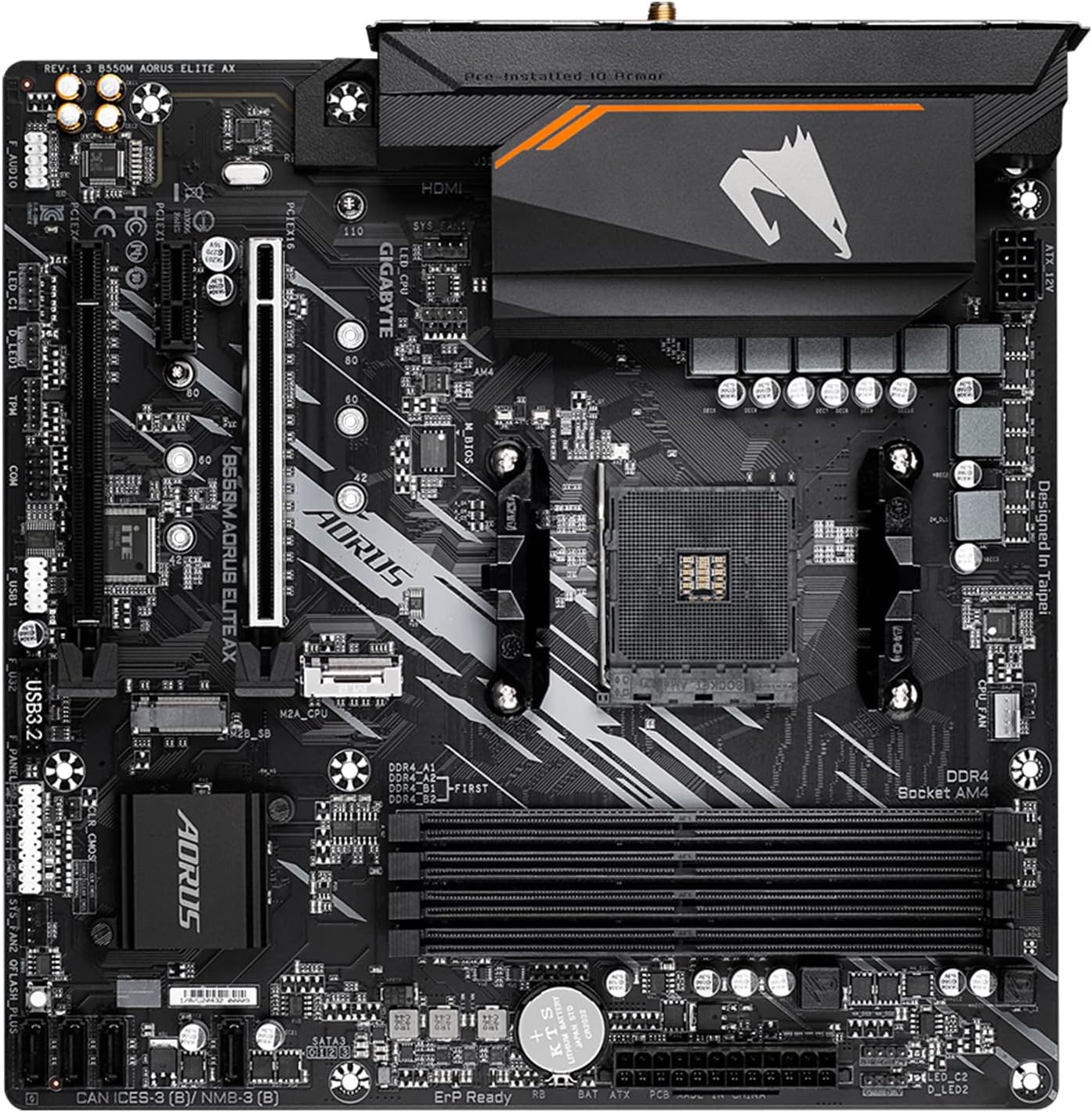 Gigabyte B550M AORUS ELITE AX Motherboard - Supports AMD Ryzen 5000 CPUs, 5+3 Phases Pure Digital VRM, up to 4733MHz DDR5 (OC), 1xPCIe 4.0 M.2, Wi-Fi 6E, GbE LAN, USB 3.2 Gen 2