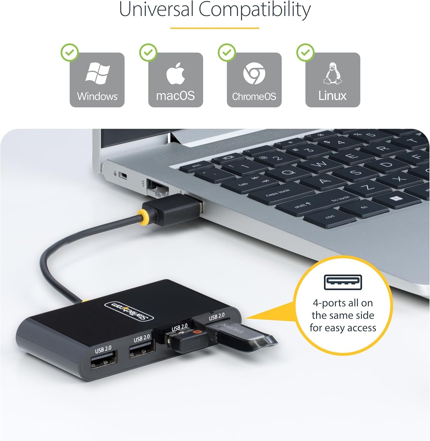 StarTech.com 4-Port USB 2.0 Hub, USB Bus Powered, Small Travel Mini USB Hub, Multi-Port USB 2.0 Splitter, Portable USB Hub