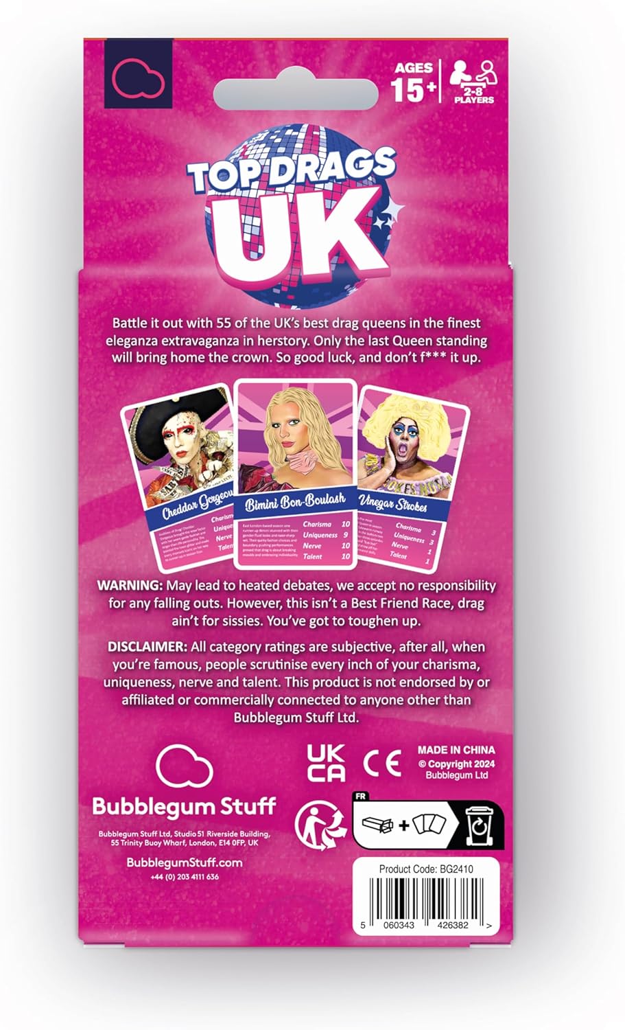 Bubblegum Stuff Top Drags UK - Juego de cartas no oficial de Drag Race UK - Sashay Your Way to Victory - Canal Carisma, singularidad, nervio y talento - Diversión de cultura pop para todas las edades