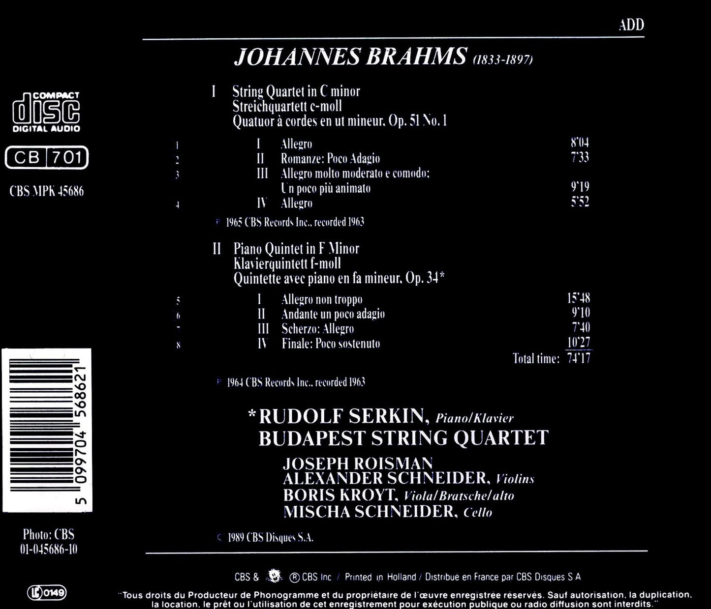 String Quartet In C Minor Op. 51 No. 1 / Piano Quintet In F Minor Op. 34