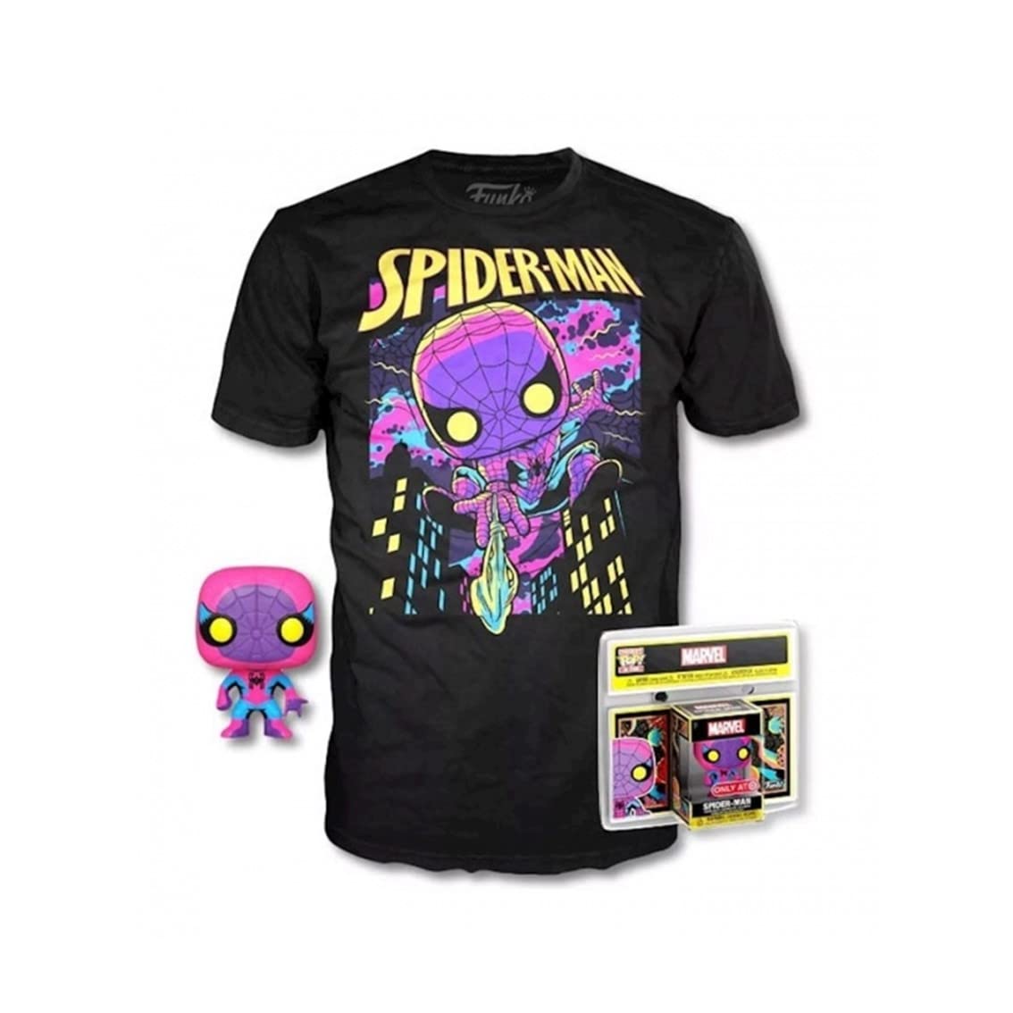 funko marvel: black light - pocket pop tee box - spiderman (t-shirt 10-11
