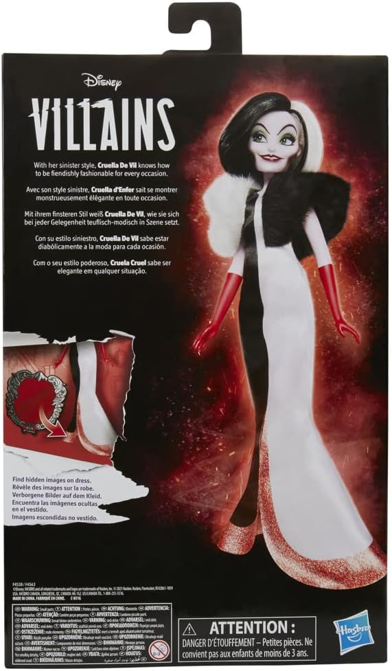 Hasbro Disney Princess Villains - Cruella De Mon, Fashion Puppe mit Zubehör und Abnehmbarer Kleidung, Spielzeug für Kinder ab 5 Jahren, Mehrfarbig