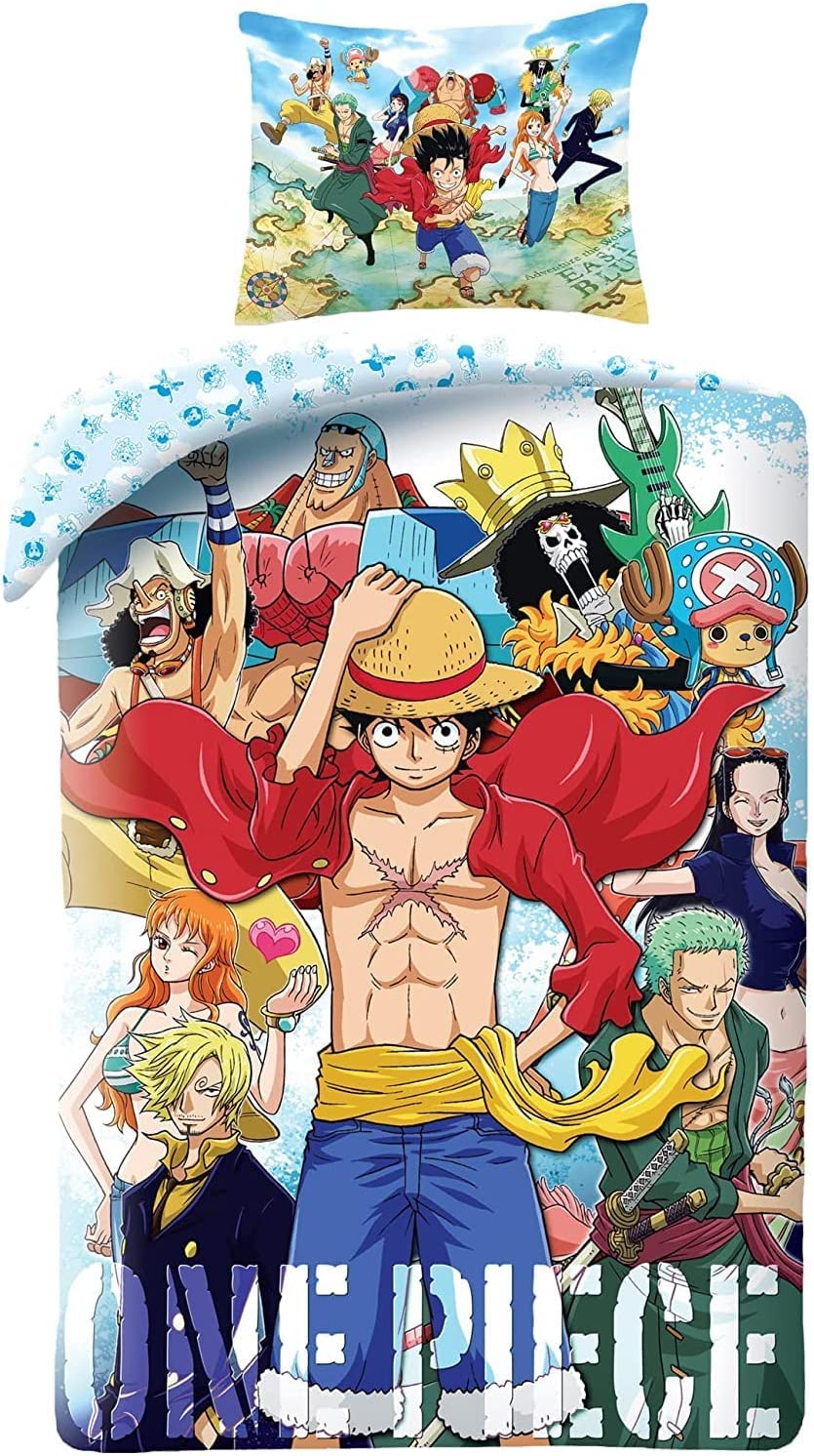 Halantex ONE PIECE Monkey D. Luffy and Various Characters Bedding Set, Cotton, Duvet Cover 140 x 200 cm and Pillowcase 70 x 90 cm - 100% Cotton - Multicoloured